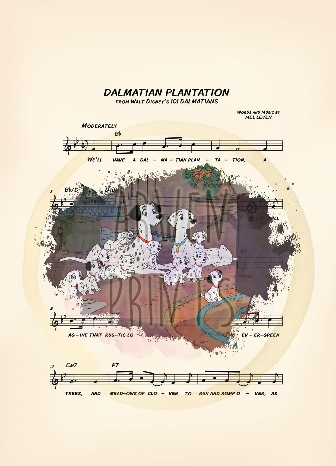 101 Dalmatians Watching Television Dalmatian Plantation Sheet Music Art Print