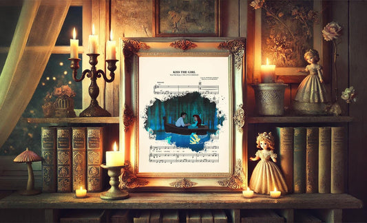Little Mermaid Ariel and Eric Boat Ride Kiss the Girl Sheet Music Art Print