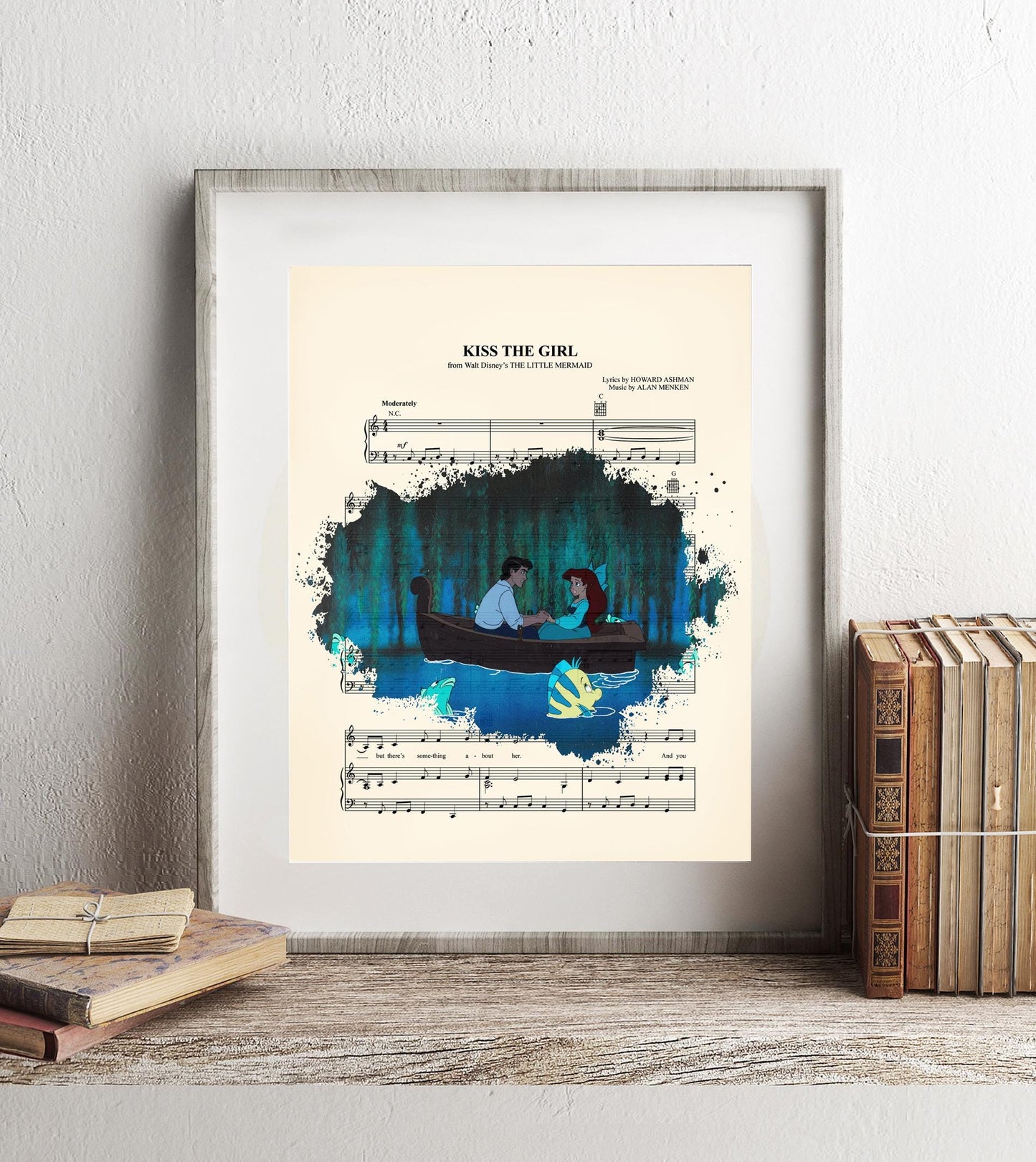 Little Mermaid Ariel and Eric Boat Ride Kiss the Girl Sheet Music Wall Art — Disney Gift for Music Lovers