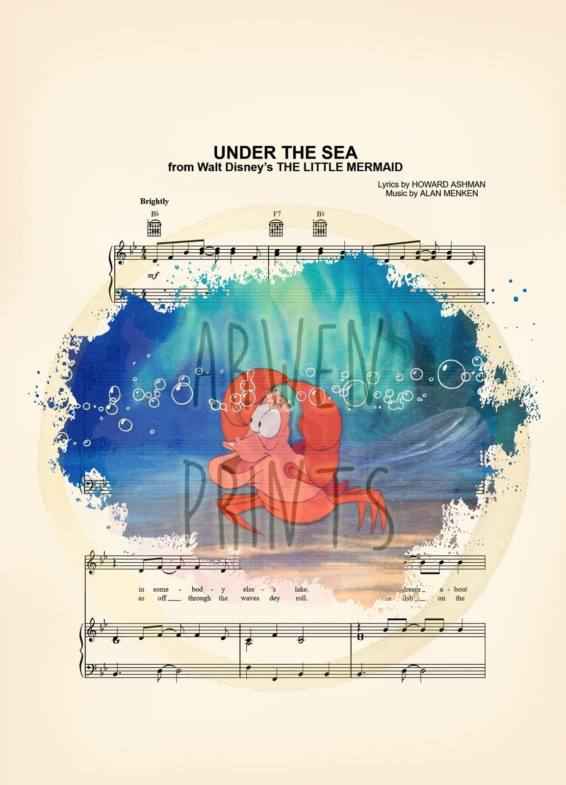 Little Mermaid Sebastian Kiss the Girl Splatter Sheet Music Art Print