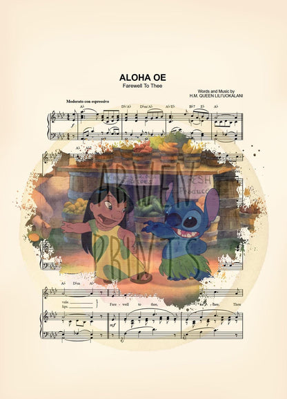 Lilo and Stitch Dance Splatter Aloha Oe Sheet Music Art Print