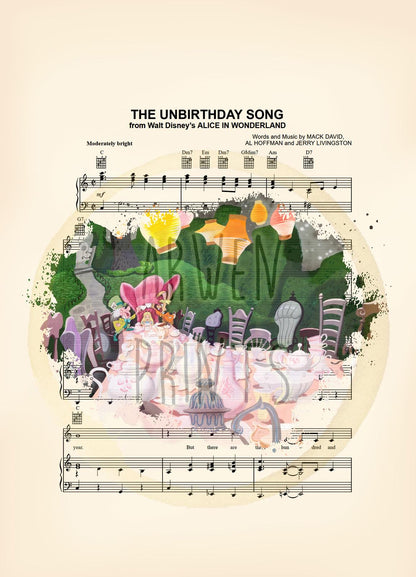 Alice in Wonderland Tea Party Cheers Splatter The Unbirthday Song Sheet Music Art Print