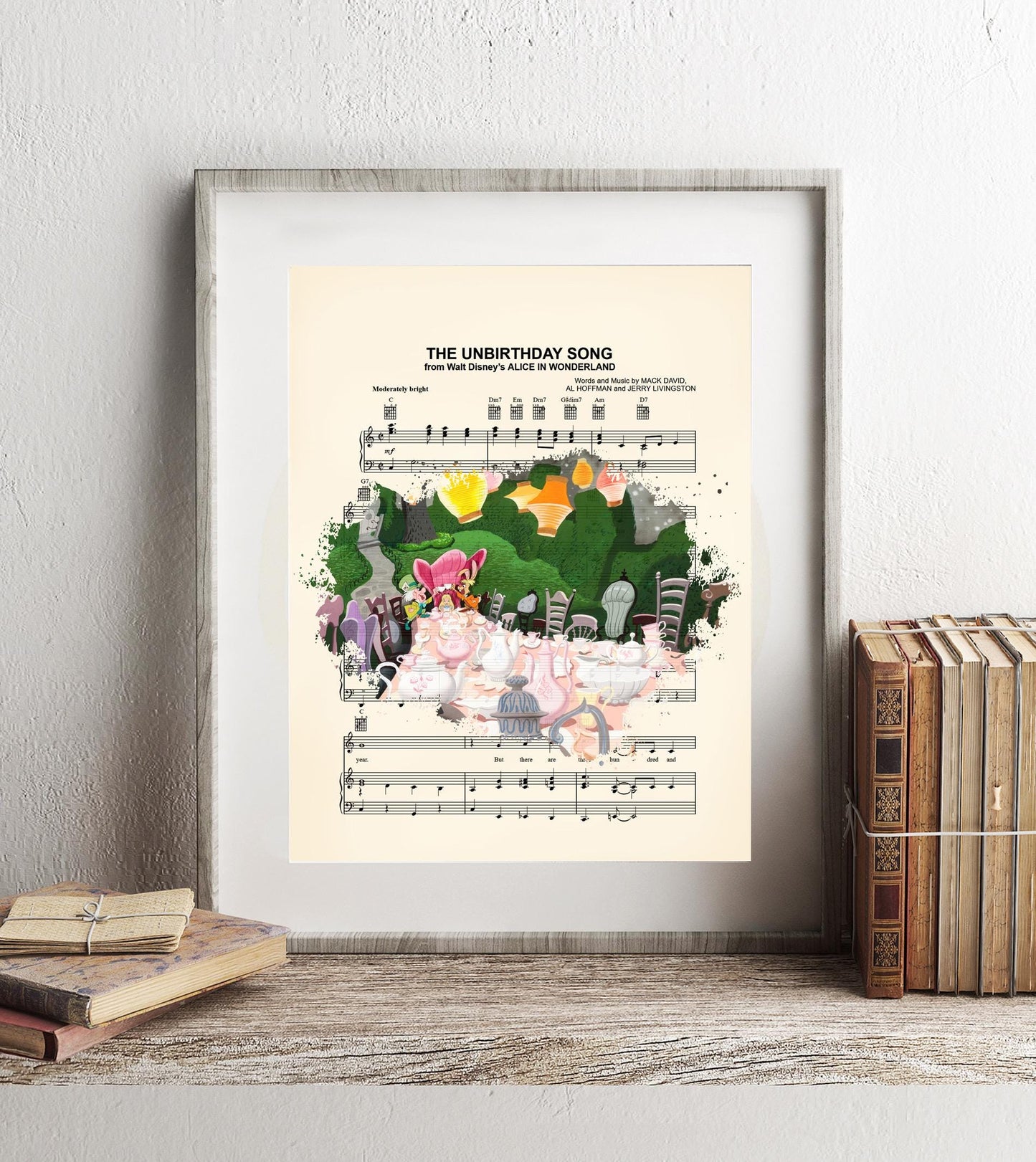 Alice in Wonderland Tea Party Cheers Splatter The Unbirthday Song Sheet Music Art Print