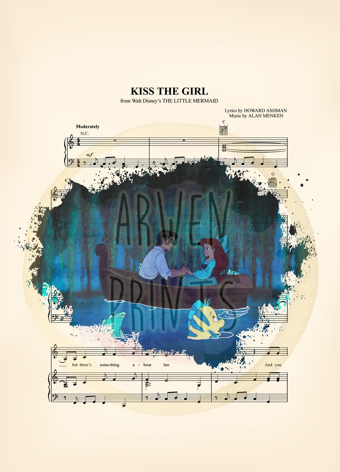 Little Mermaid Ariel and Eric Boat Ride Kiss the Girl Sheet Music Art Print