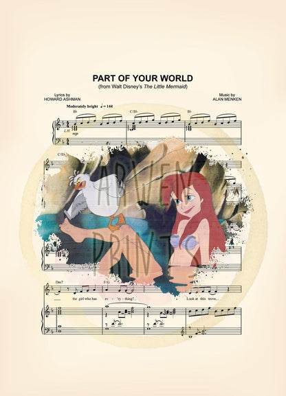 Little Mermaid Ariel and Scuttle Splatter Sheet Music Art Print