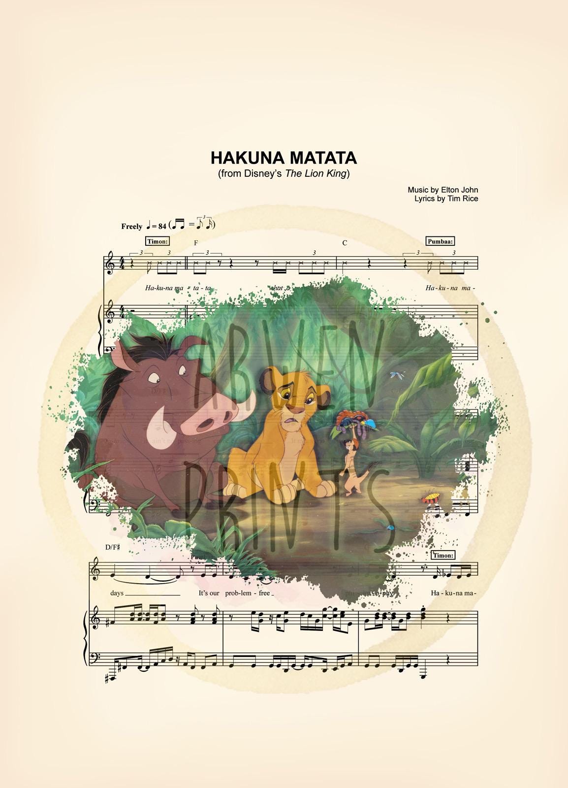 Lion King Hakuna Matata Bugs Sheet Music Wall Art — Disney Gift for Music Lovers