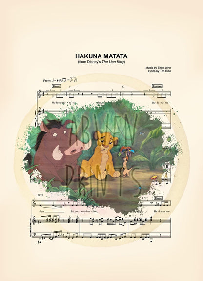 Lion King Hakuna Matata Bugs Sheet Music Wall Art — Disney Gift for Music Lovers