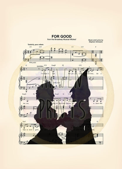 Wicked Elphaba and Glinda Silhouettes For Good Sheet Music Art Print