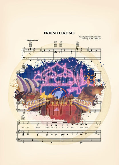 Aladdin Friend Like Me Splatter Sheet Music Art Print