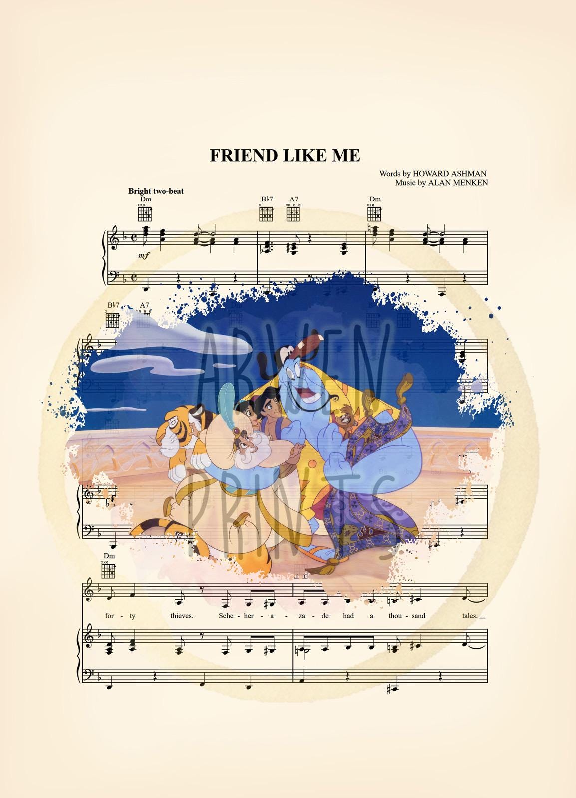 Aladdin and Friends  Friend Like Me Sheet Music Wall Art — Disney Gift for Music Lovers