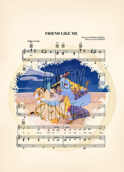 Aladdin and Friends  Friend Like Me Sheet Music Wall Art — Disney Gift for Music Lovers