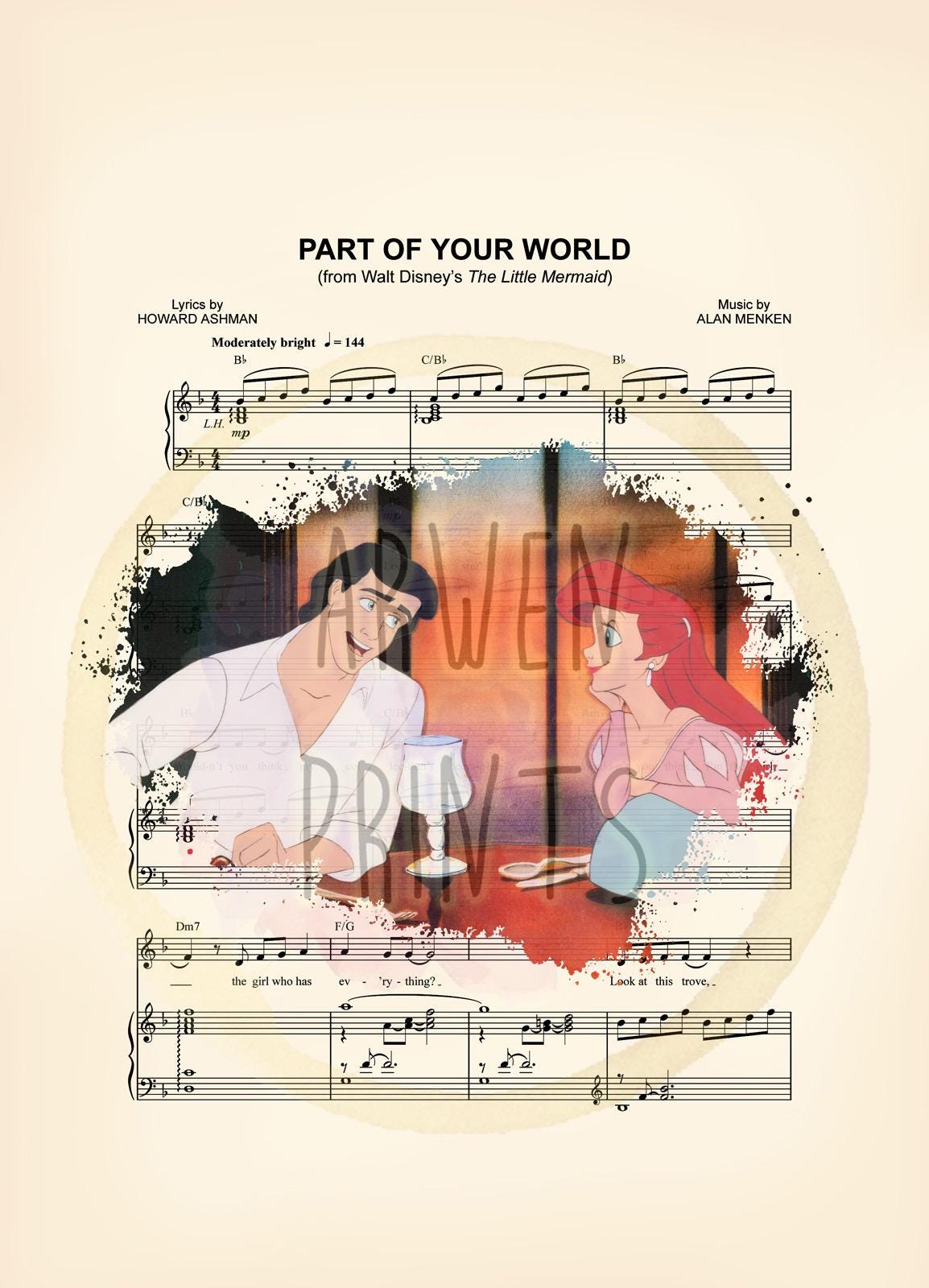 Little Mermaid Ariel and Eric Dinner Sheet Music Wall Art — Disney Gift for Music Lovers