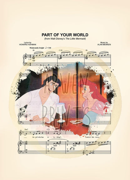 Little Mermaid Ariel and Eric Dinner Sheet Music Wall Art — Disney Gift for Music Lovers