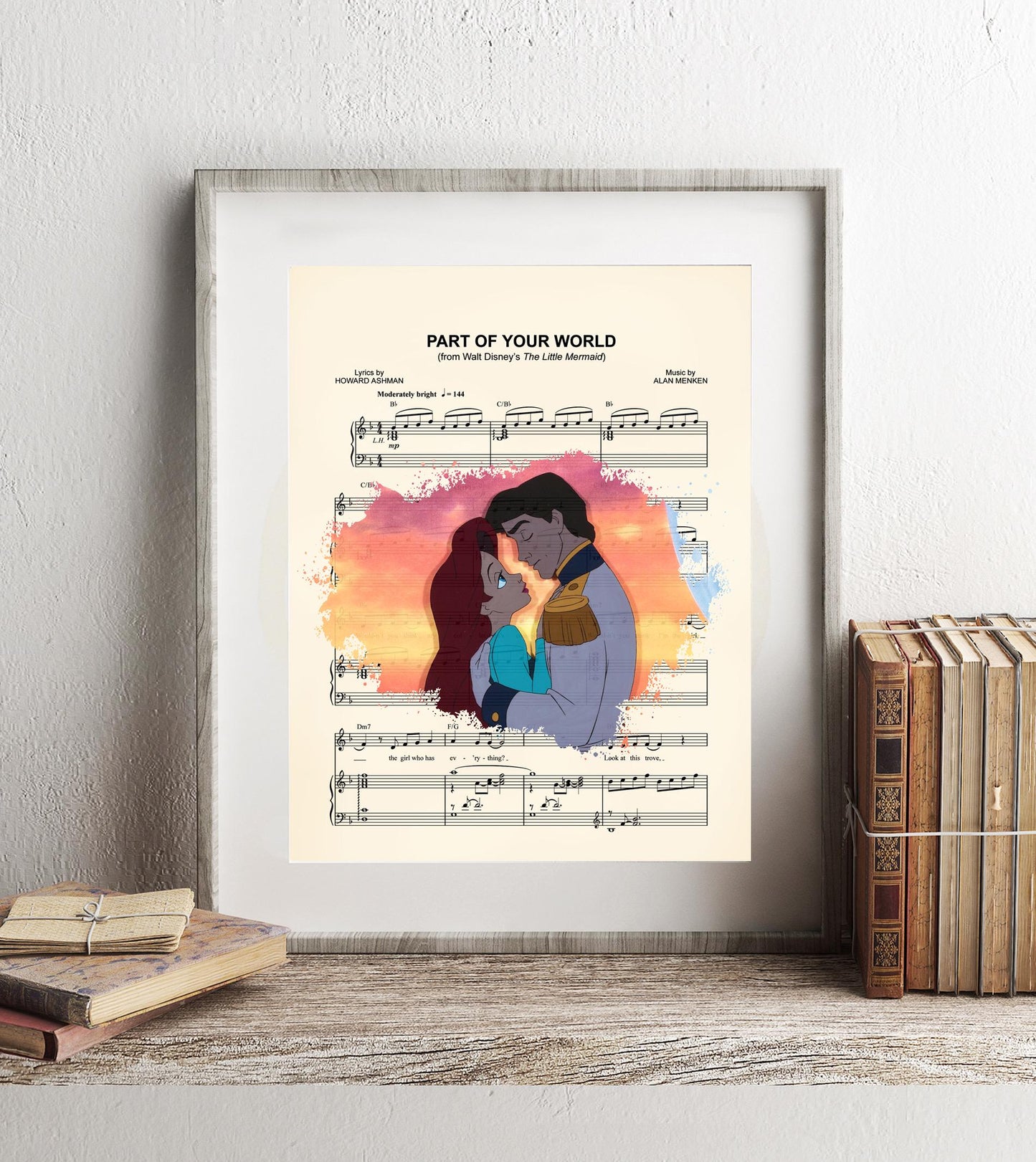 Little Mermaid Ariel and Eric Embrace Sheet Music Wall Art — Disney Gift for Music Lovers