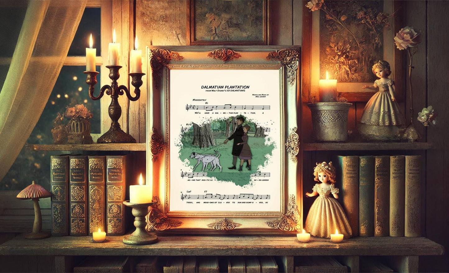 101 Dalmatians Roger, Anita, Pongo and Perdita Dalmatian Plantation Sheet Music Art Print