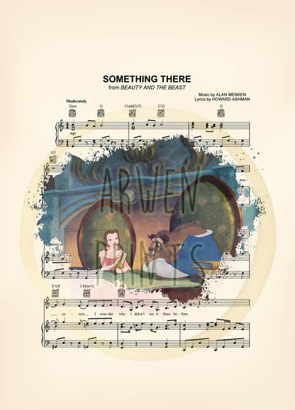 Beauty and the Beast Belle and Beast in Library Sheet Music Wall Art — Disney Gift for Music Lovers