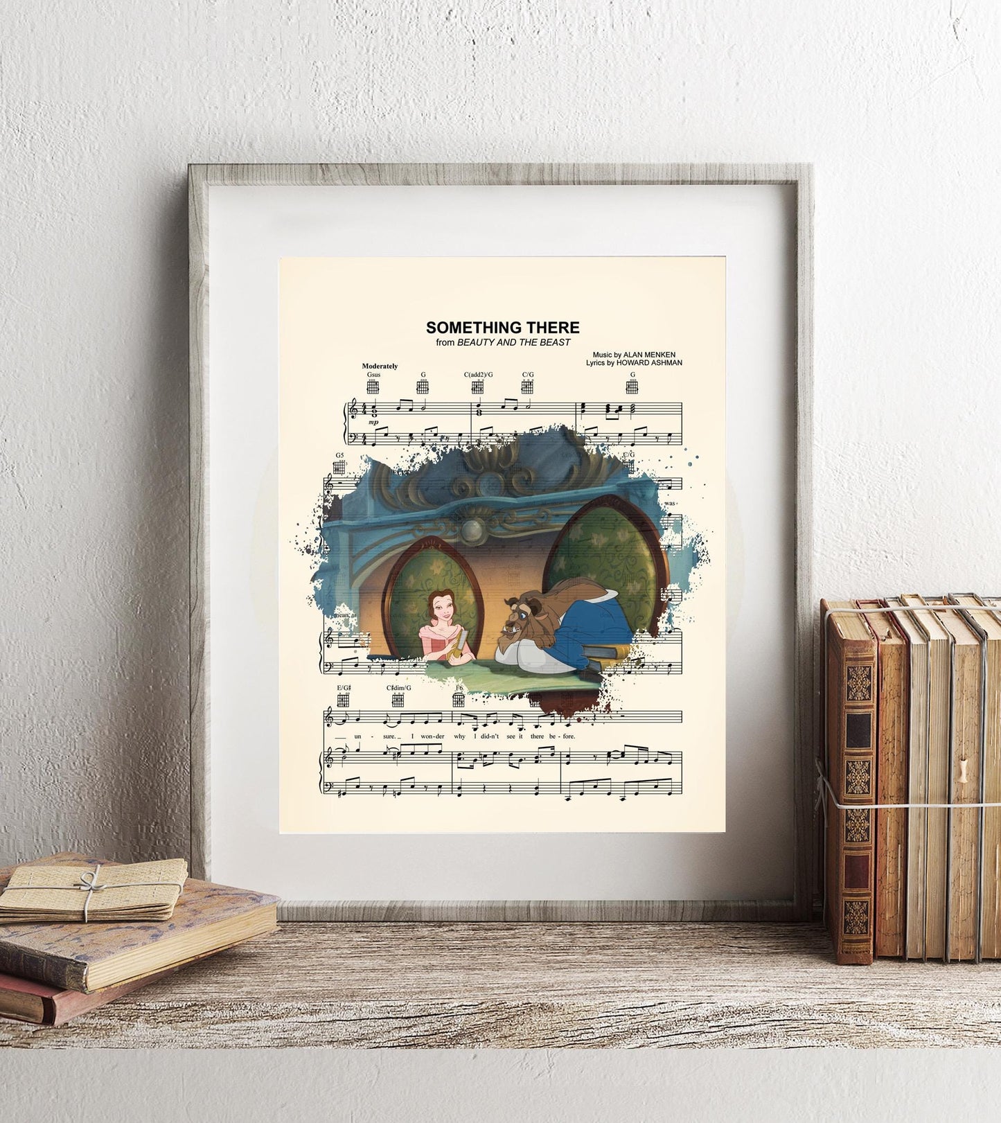 Beauty and the Beast Belle and Beast in Library Sheet Music Art Print