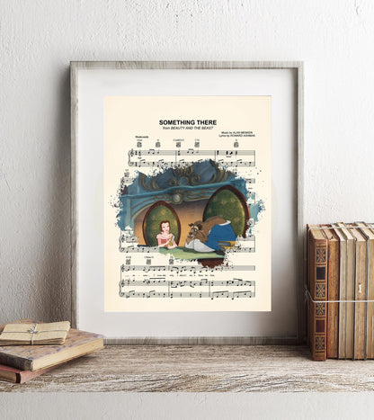 Beauty and the Beast Belle and Beast in Library Sheet Music Wall Art — Disney Gift for Music Lovers