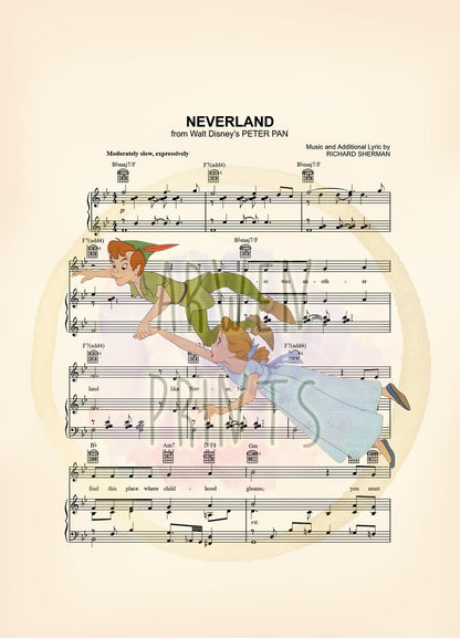 Peter Pan and Wendy Flying Neverland Sheet Music Art Print