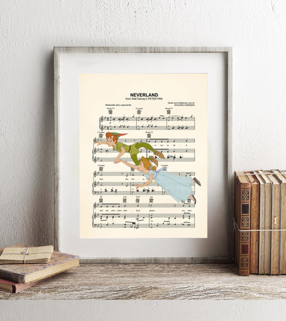Peter Pan and Wendy Flying Neverland Sheet Music Art Print
