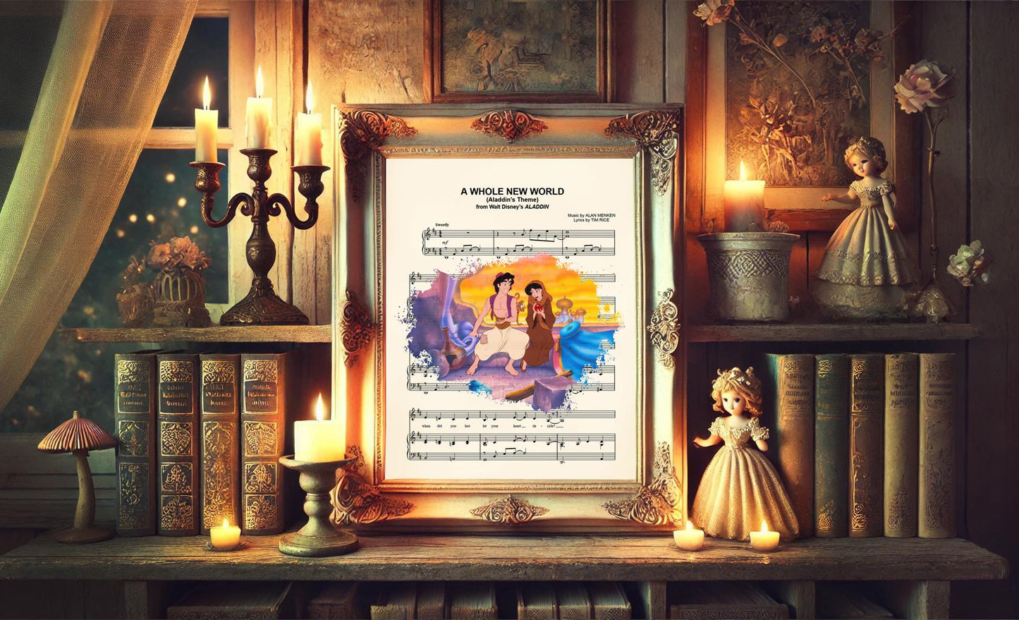 Aladdin and Jasmine Splatter Sheet Music Art Print