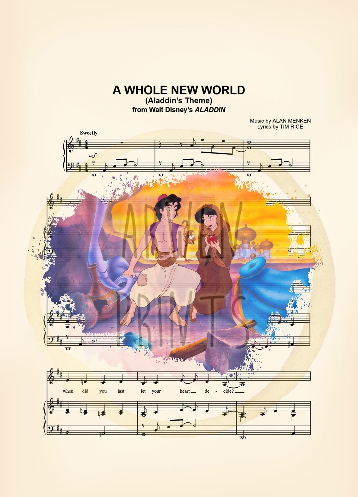 Aladdin and Jasmine Splatter Sheet Music Art Print