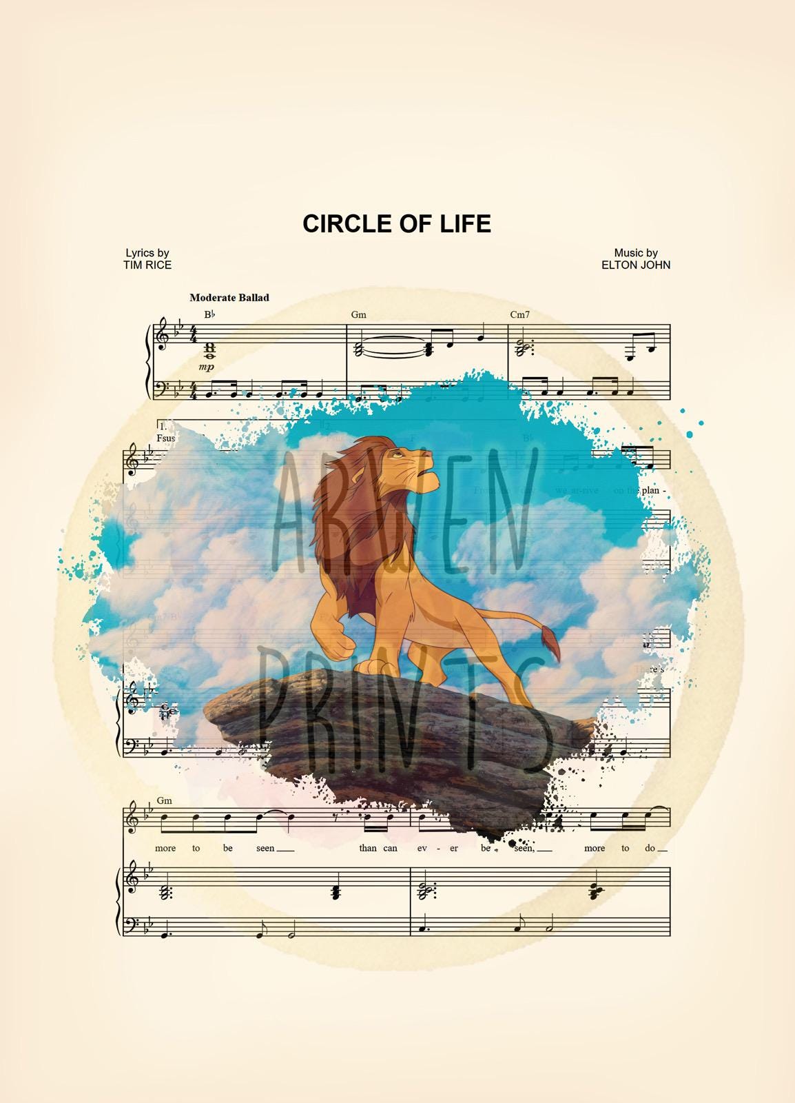 Lion King Simba Splatter Circle of Life Sheet Music Art Print
