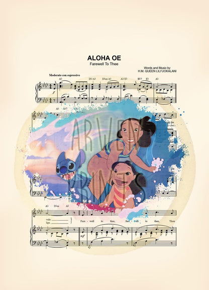 Lilo and Stitch and Nani Surf Aloha Oe Sheet Music Wall Art — Disney Gift for Music Lovers