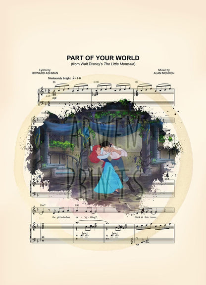 Little Mermaid Ariel and Eric Dance Sheet Music Wall Art — Disney Gift for Music Lovers