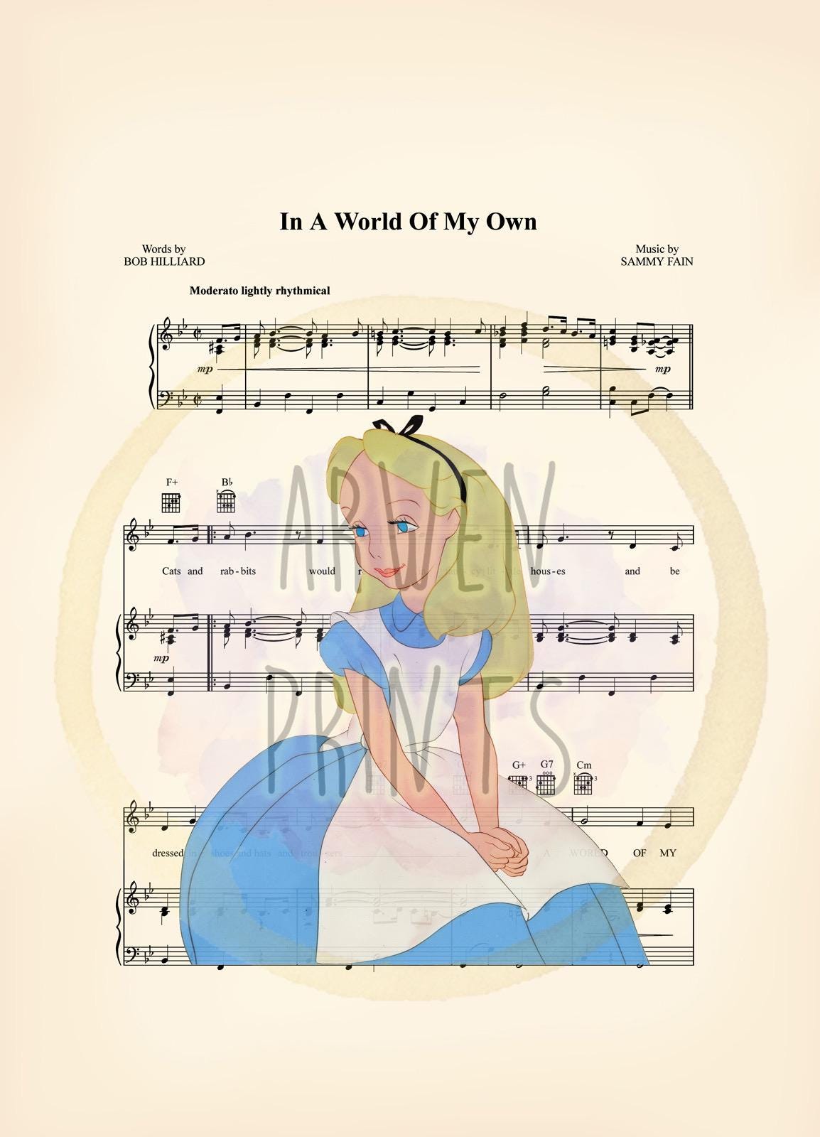 Alice in Wonderland Vintage In A World Of My Own Sheet Music Art Print