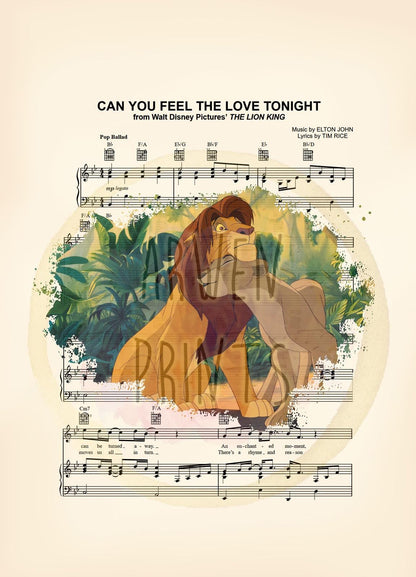 Lion King Simba and Nala Splatter Can You Feel the Love Tonight Sheet Music Art Print