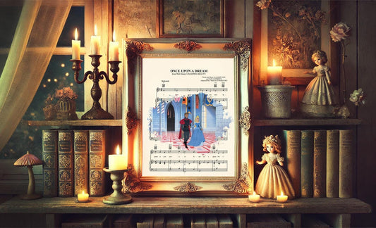 Sleeping Beauty Aurora and Prince Philip in Castle Sheet Music Wall Art — Disney Gift for Music Lovers