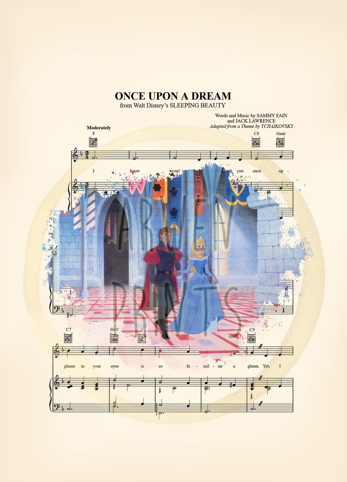 Sleeping Beauty Aurora and Prince Philip in Castle Sheet Music Art Print
