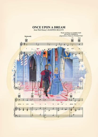 Sleeping Beauty Aurora and Prince Philip in Castle Sheet Music Art Print