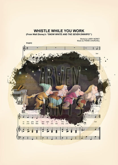 Snow White and the Seven Dwarfs in Gem Mine Sheet Music Art Print