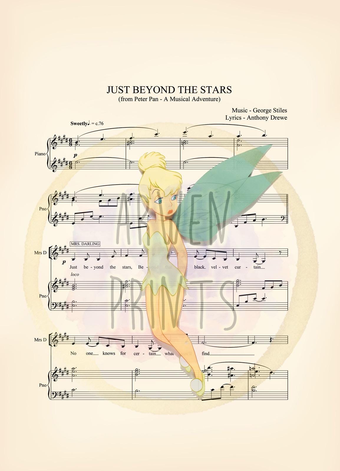 Peter Pan Tinker Bell Vintage Sheet Music Art Print