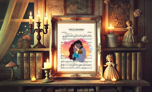 Little Mermaid Ariel and Eric Embrace Sheet Music Wall Art — Disney Gift for Music Lovers