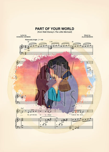 Little Mermaid Ariel and Eric Embrace Sheet Music Art Print