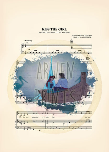 Little Mermaid Kiss the Girl Splatter Ariel and Eric Sheet Music Art Print