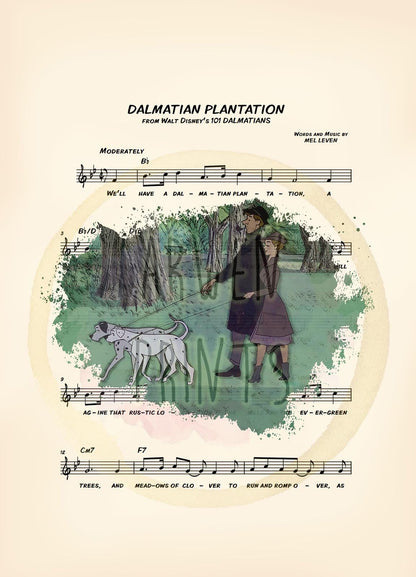 101 Dalmatians Roger, Anita, Pongo and Perdita Dalmatian Plantation Sheet Music Art Print