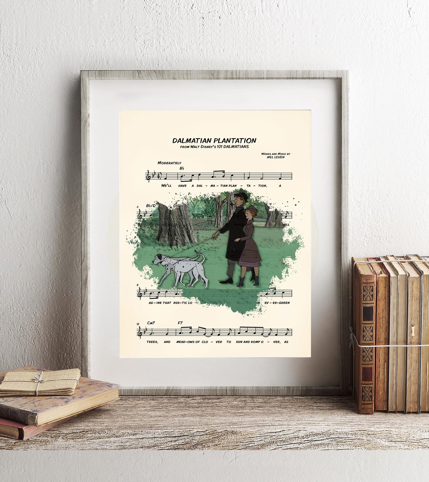 101 Dalmatians Roger, Anita, Pongo and Perdita Dalmatian Plantation Sheet Music Art Print