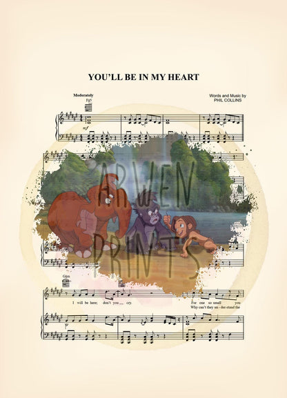 Tarzan Terk and Tantor You’ll Be in My Heart Splatter Sheet Music Art Print