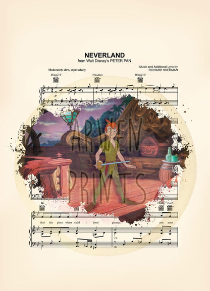 Peter Pan on the Ship Splatter Neverland Sheet Music Art Print