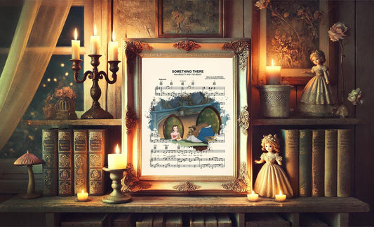 Beauty and the Beast Belle and Beast in Library Sheet Music Art Print
