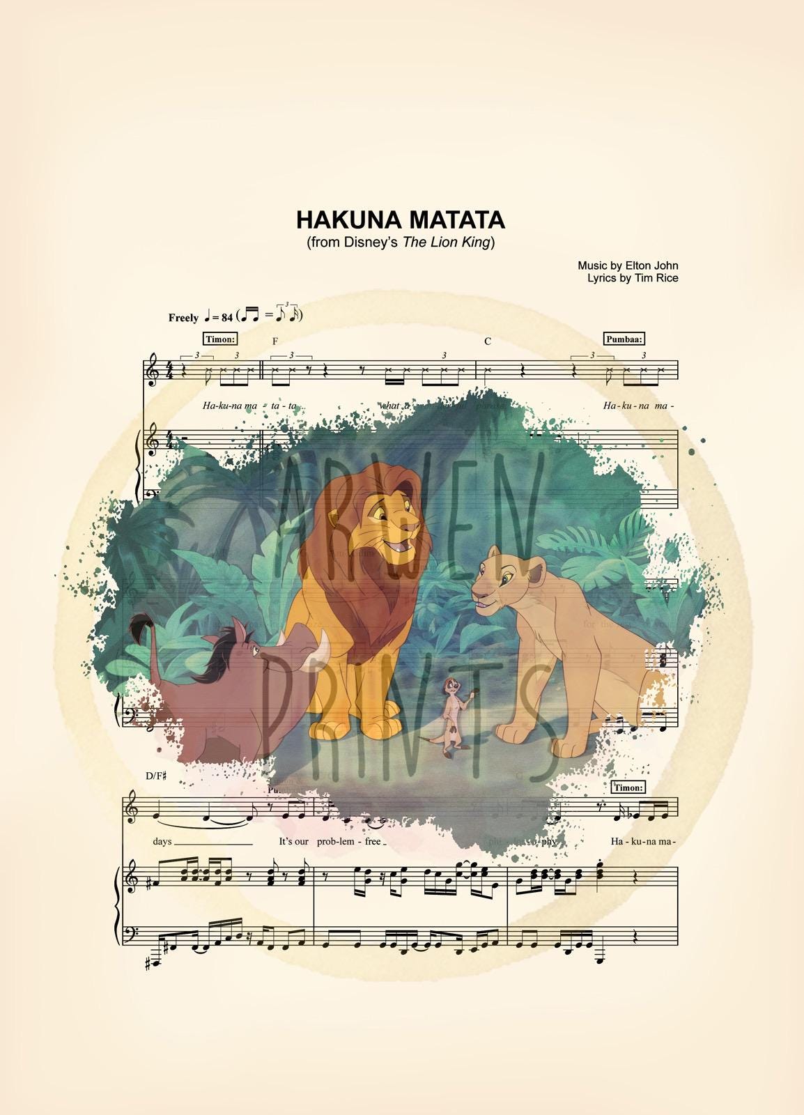Lion King Simba, Nala, Timon and Pumba Sheet Music Art Print