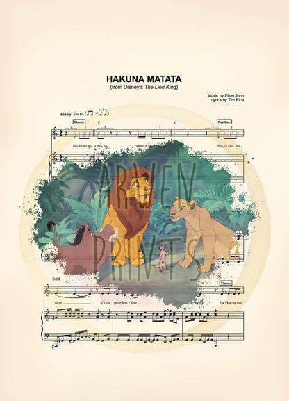 Lion King Simba, Nala, Timon and Pumba Sheet Music Art Print
