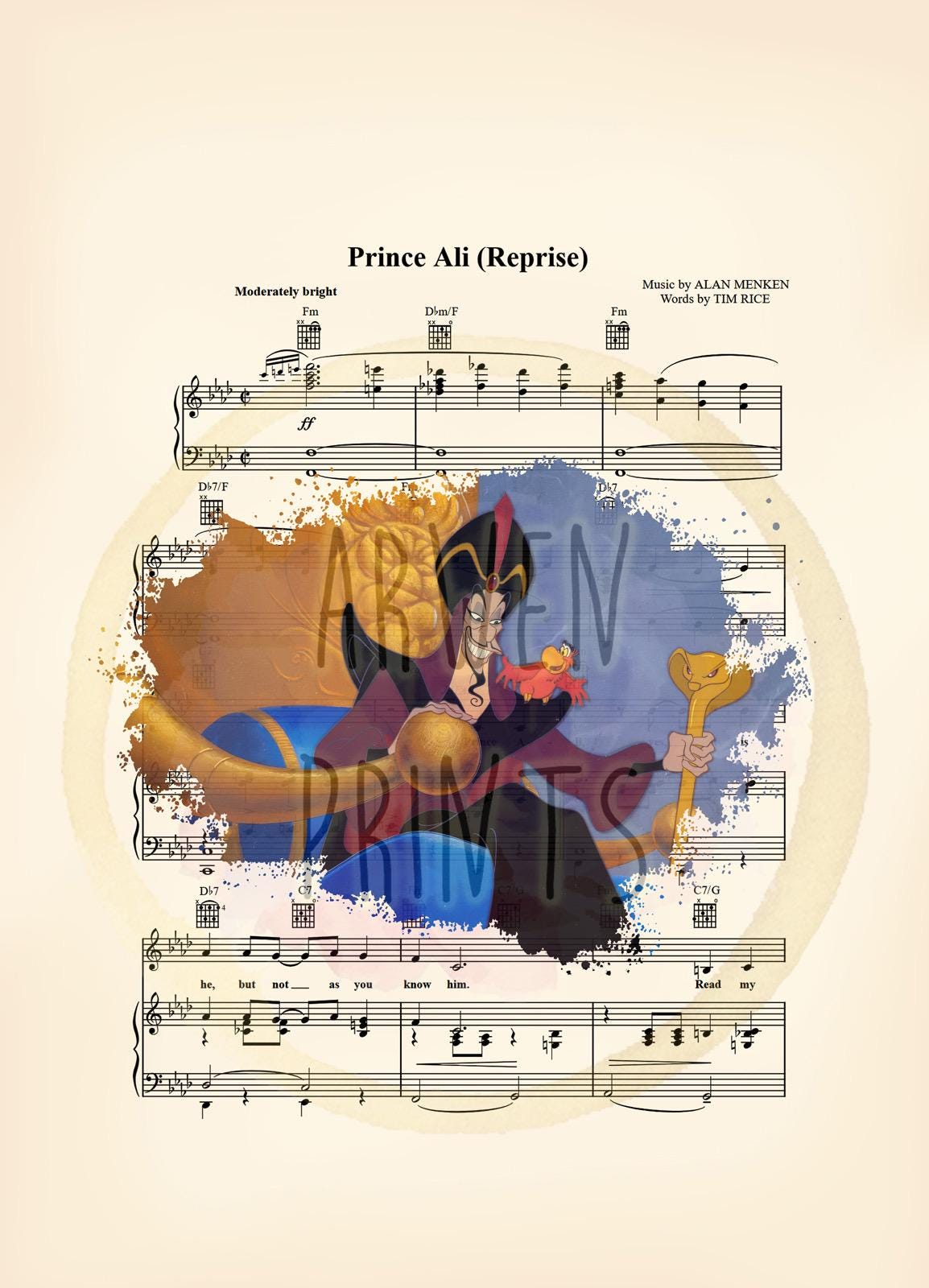 Aladdin Jafar and Iago Splatter Disney Sheet Music Art Print
