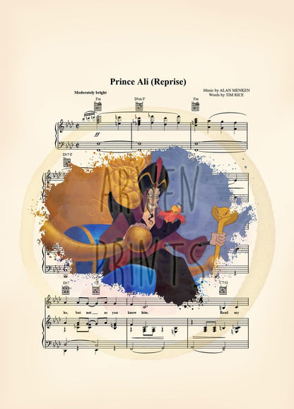 Aladdin Jafar and Iago Splatter Disney Sheet Music Art Print