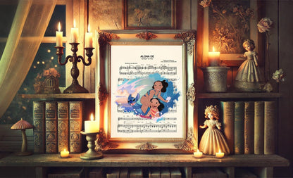 Lilo and Stitch and Nani Surf Aloha Oe Sheet Music Wall Art — Disney Gift for Music Lovers