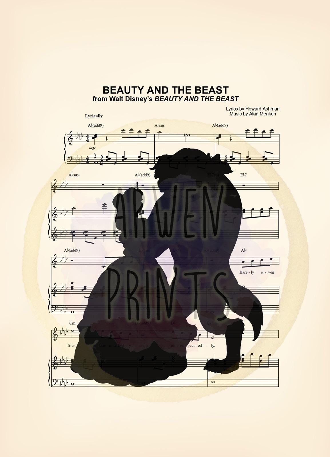Beauty and the Beast Black Silhouette Tale As Old As Time Sheet Music Art Print